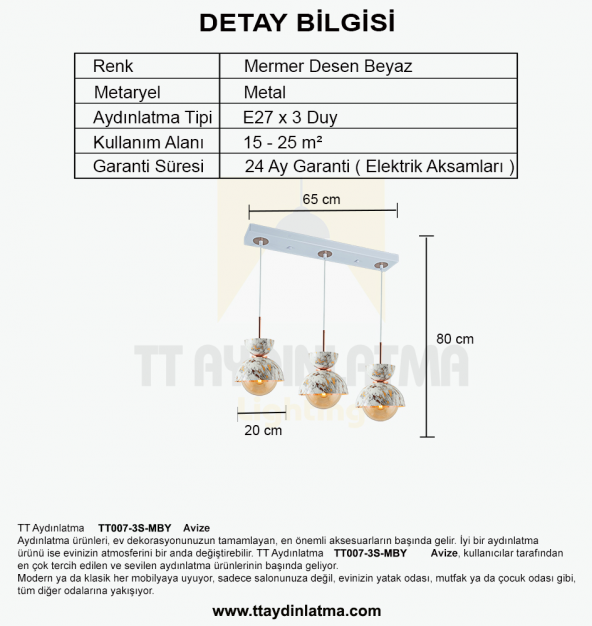 TT Aydınlatma TT007-3S MBY  Mermer Desen 3 lü Sıralı Beyaz Lüks Av - Resim 3