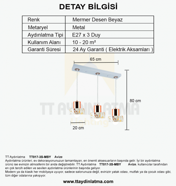 TT Aydınlatma TT017-3S-MBY  Mermer Desen 3 lü Sıralı Beyaz Avize - 3