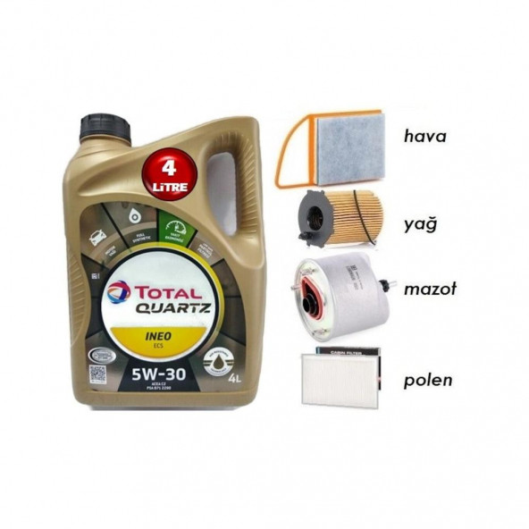 Total Quartz İneo Ecs 5w-30 4lt 3B 4LT MOTOR YAĞ+Peugeot 301 1.6 HDI Filtre Bakım Seti Orijinal