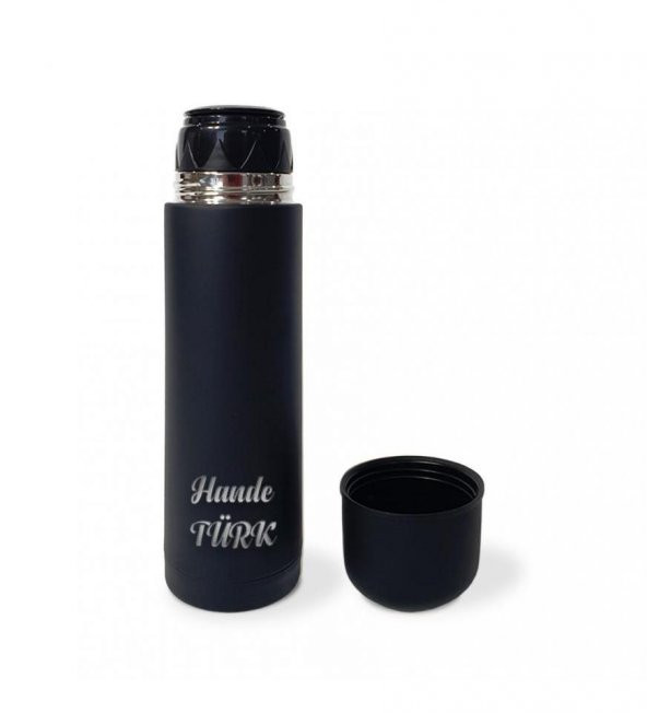 Kişiye Özel Bardak Kapaklı Deri Kılıflı 500 Ml Çelik Termos HK2069 - 7