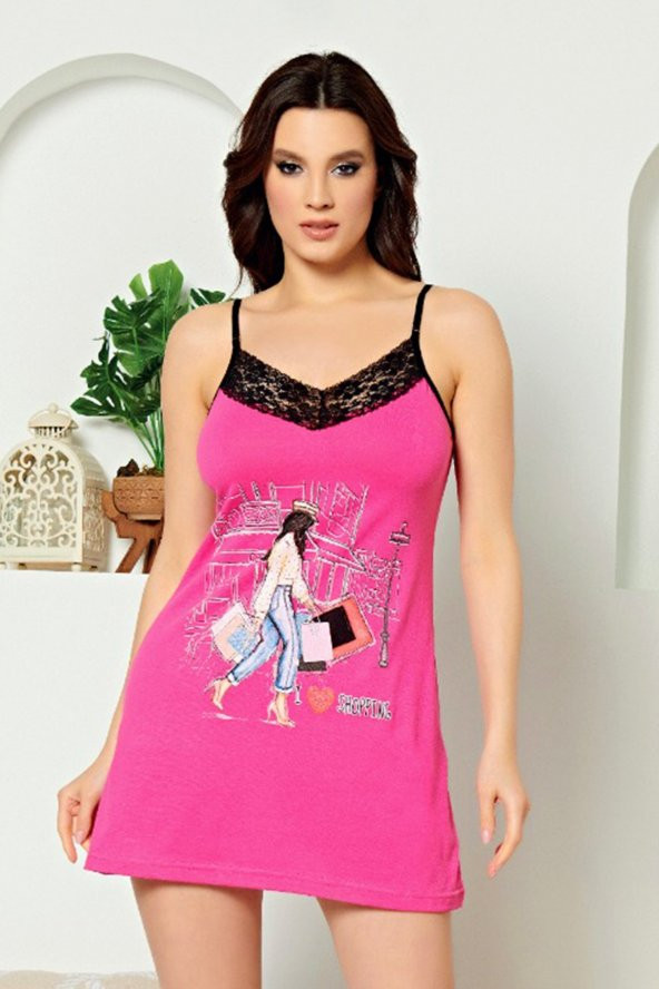 Pembe Renkli ve Baskılı Pamuk SNWG-1008 Askılı Yaka Kadın Tunik