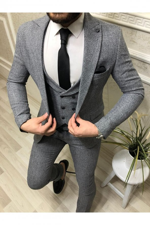 Tomıross Erkek İtalyan Kesim Slim Fit Örme Gri Takım Elbise TKMELBS-8682