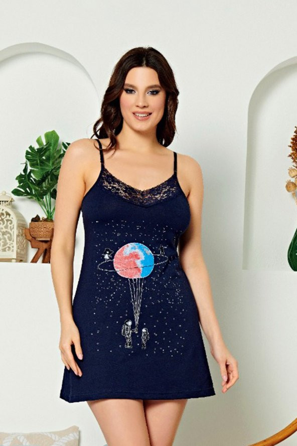 Lacivert Renkli ve Baskılı Pamuk SNWG-1002 Askılı Yaka Kadın Tunik