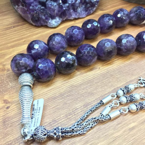 DOĞAL TAŞ AMATİST 17 GÜMÜŞ TESBİH 20MM FASET - Resim 2