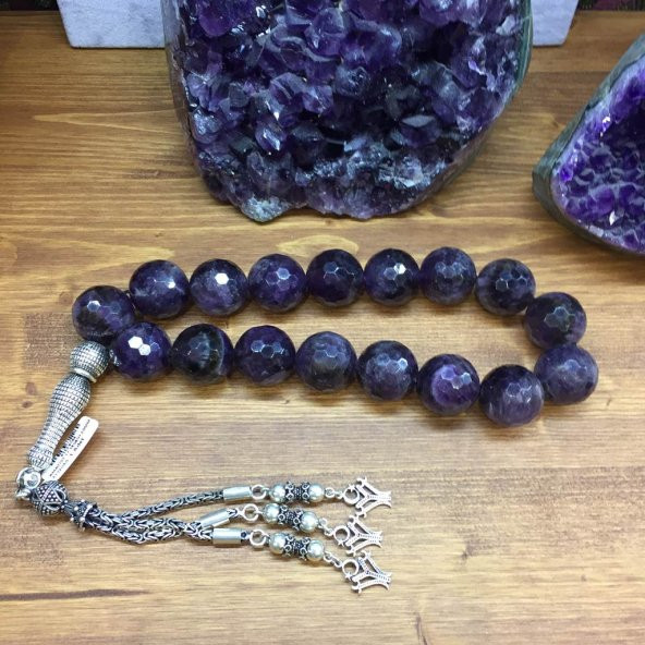 DOĞAL TAŞ AMATİST 17 GÜMÜŞ TESBİH 20MM FASET - Resim 3