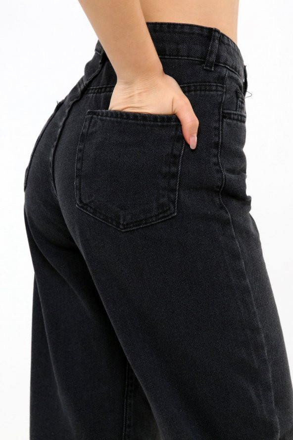 Kadın Yüksek Bel Siyah Boyfriend Bol Paça Kot Pantolon - 7