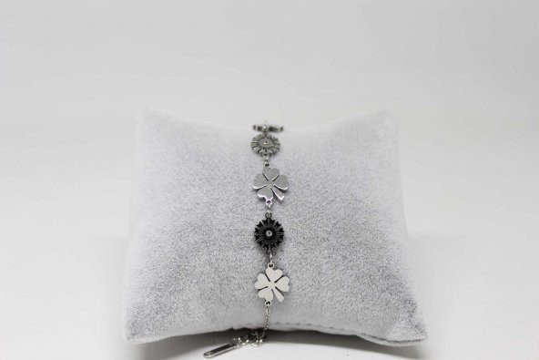 Kararmaz Çelik Bileklik Zirkon Taşlı Yonca Temalı Gümüş Renk (22005) - Resim 2