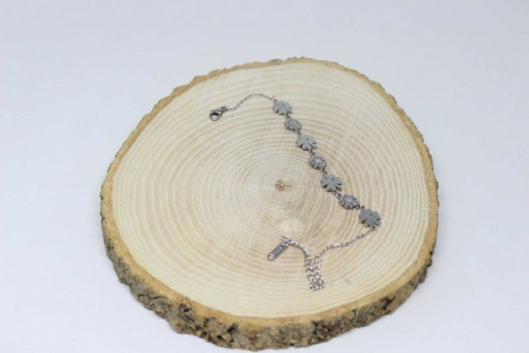 Kararmaz Çelik Bileklik Zirkon Taşlı Yonca Temalı Gümüş Renk (22005) - Resim 3