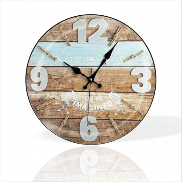 Büyük 35 cm Yuvarlak Kahverengi Parke Desenli Sessiz Saniye Bombe Camlı Ev Ofis Okul Duvar Saati - 2