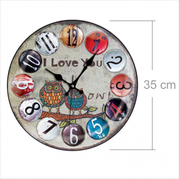 Büyük 35cm Renkli Baykuş I Love You Yazan Desenli Sessiz Saniye Bombe Camlı Ev Ofis Okul Duvar Saati - 2