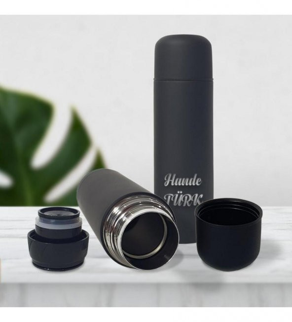 Kişiye Özel Bardak Kapaklı Deri Kılıflı 750 Ml Çelik Termos HK2073 - 2