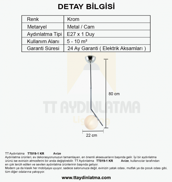TT Aydınlatma TT019-1 KR  Krom Tekli Dirsek Kol Avize - 3