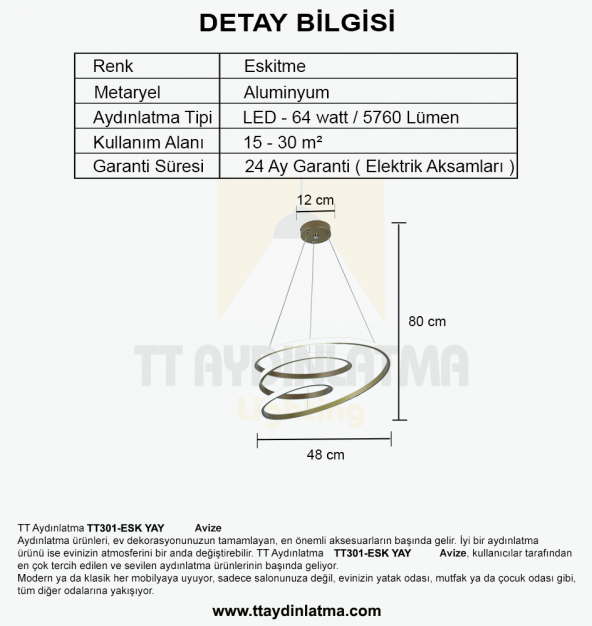 TT Aydınlatma TT301-ESK  Yay Modeli Eskitme Boyalı Led Avize - 3