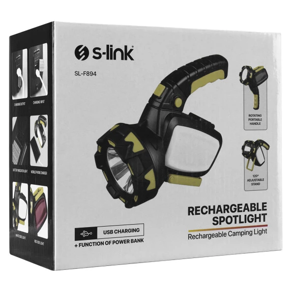 S-link SL-F894 3000mAh Usb Şarjlı Döner Kollu El Feneri 5W 18+18 Beyaz Kırmızı Ledli - 5