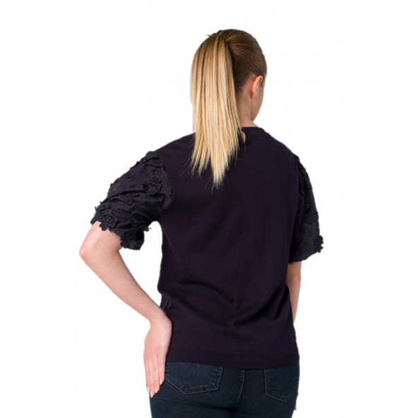 Solo Kadın Lacivert Güpür Dantel Yonca Çiçekli Kol T-Shirt A21A005-1 - 2