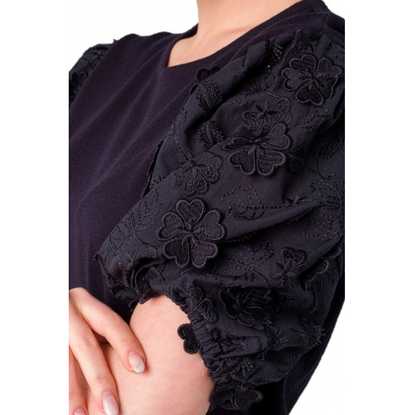 Solo Kadın Lacivert Güpür Dantel Yonca Çiçekli Kol T-Shirt A21A005-1 - 5
