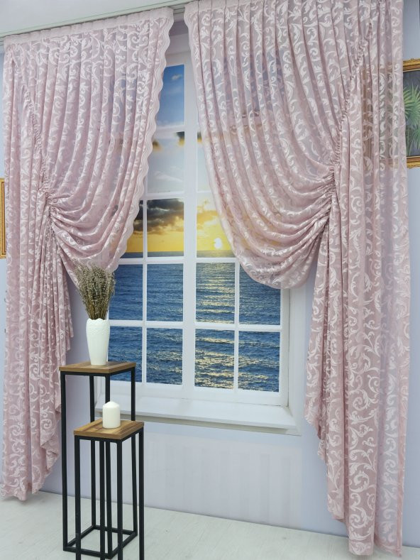 Büzgü Tül Fon Perde - Şal Desen - Sağ - Tek Kanat  Gül Kurusu 100 x 270 cm - 3