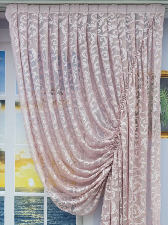 Büzgü Tül Fon Perde - Şal Desen - Sağ - Tek Kanat  Gül Kurusu 100 x 270 cm - 4
