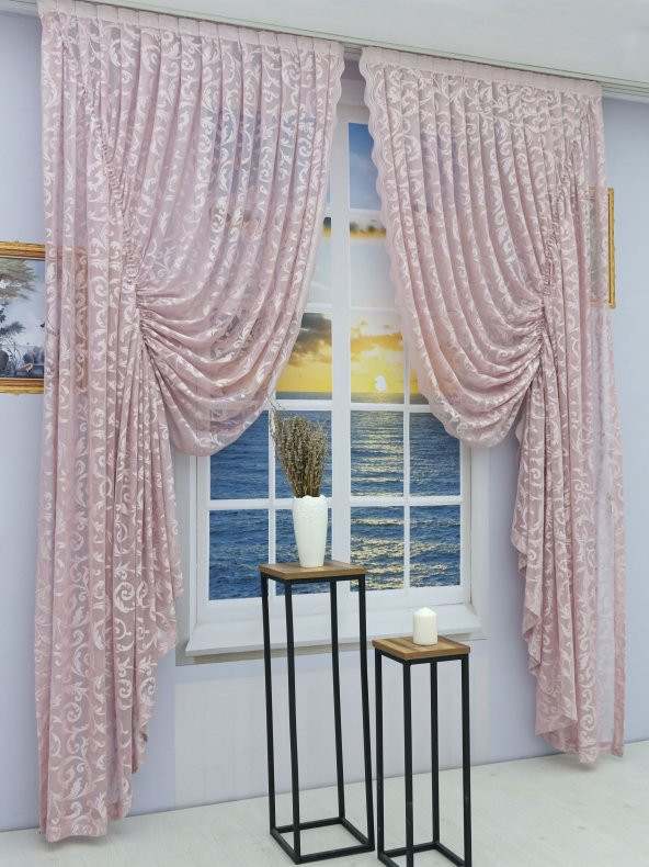 Büzgü Tül Fon Perde - Şal Desen - Sağ - Tek Kanat  Gül Kurusu 100 x 270 cm - 6