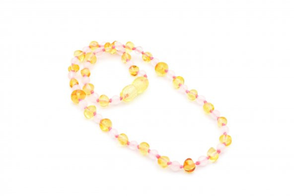HAKİKİ SERTİFİKALI PEMBE KUVARS KEHRİBAR BEBEK DİŞ KOLYESİ 6 GR.