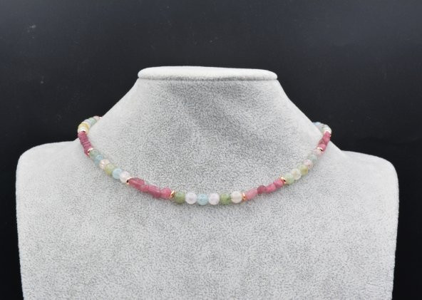 ROSE TASARIM DOĞAL AKUAMARİN HELİODOR KUNZİT VE PEMBE TURMALİN KOLYE - 4