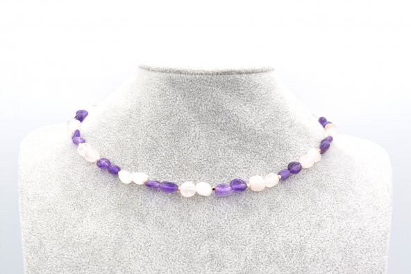 ROSE TASARIM DOĞAL PEMBE KUVARS VE AMETİST KOLYE - 4