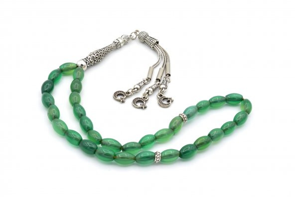 HAKİKİ ARPA KESİM YEŞİL AKİK TAŞI TESBİH 1.KALİTE DOĞAL TAŞ - 2