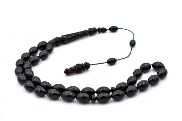 MUSTAFA UYSAL USTA YAPIMI OYMA İMAMELİ KOYU YEŞİL SIKMA KEHRİBAR TESBİH - Resim 3