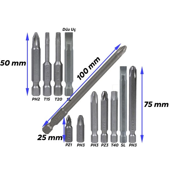 Klytek Matkap Bits Uç Vidalama Ucu Düz Yıldız Torx Uç (12 PARÇA) - 3