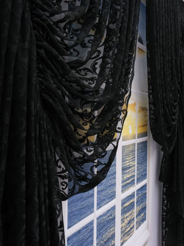 Büzgü Tül Fon Perde - Şal Desen - Takım - 2 Kanat Siyah 80 x 270 cm - 2