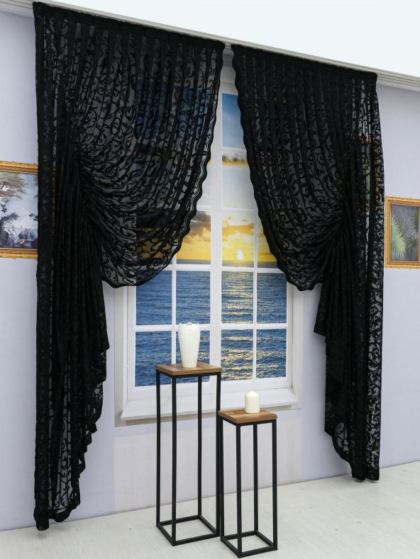 Büzgü Tül Fon Perde - Şal Desen - Takım - 2 Kanat Siyah 80 x 270 cm - 3