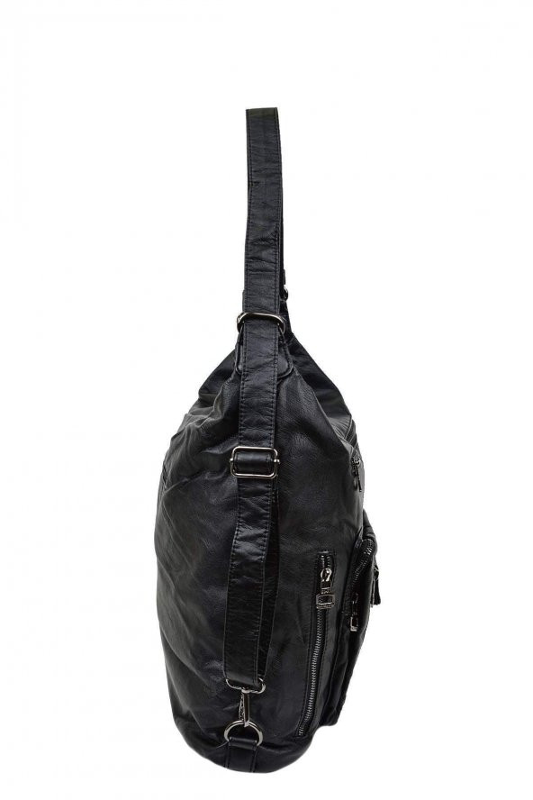 Siyah Yıkama Deri Bayan Kol ve Sırt Çantası - Resim 3