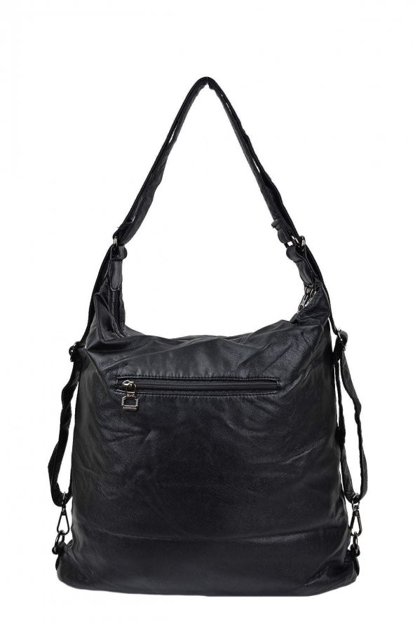 Siyah Yıkama Deri Bayan Kol ve Sırt Çantası - Resim 4