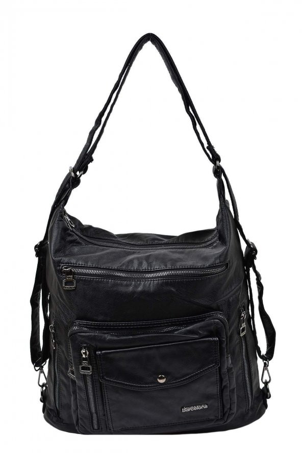 Siyah Yıkama Deri Bayan Kol ve Sırt Çantası ürün görseli