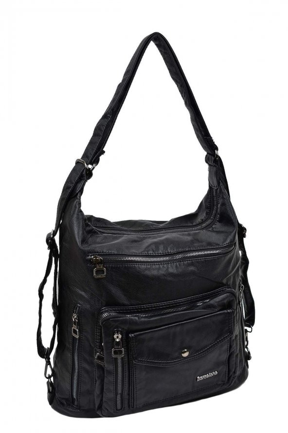 Siyah Yıkama Deri Bayan Kol ve Sırt Çantası - Resim 2