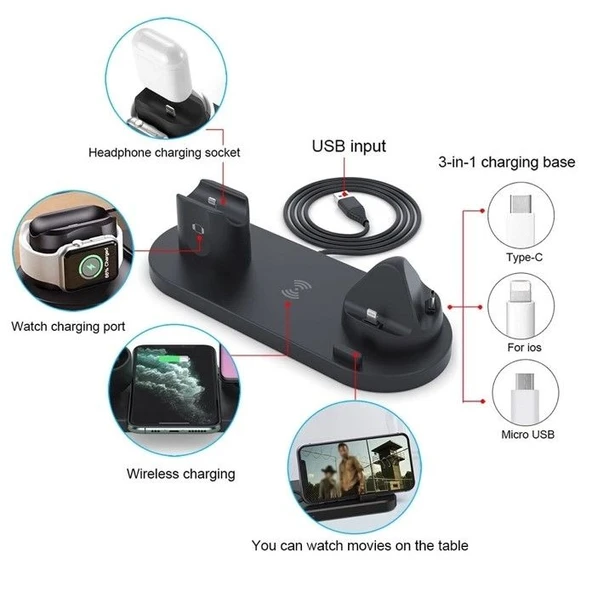 Daytona  BW06-S Kablosuz 6'lı şarj standı,siyah ürün görseli 1