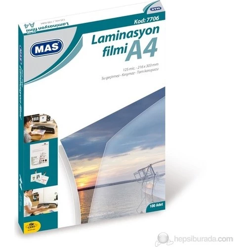 Mas A4 Boyut Laminasyon Kaplama Filmi 125 micron 100'Lü Paket