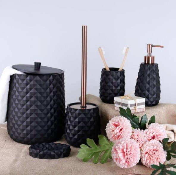 By Selim Home Piramit Siyah Polyester 5 Parça Banyo Seti - 2