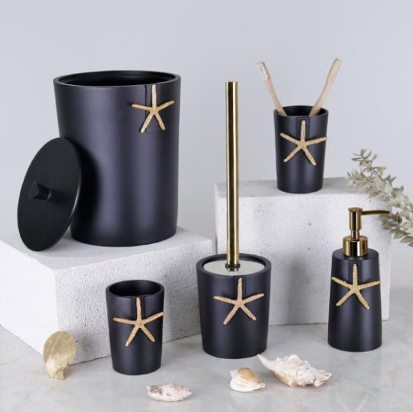 By Selim Home Ocean Polyester 5 Parça Banyo Seti Siyah Altın - 2