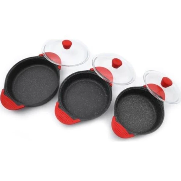 Eda 3'lü Granit Döküm Sahan Seti Cam Kapaklı Gri Slikon Saplı