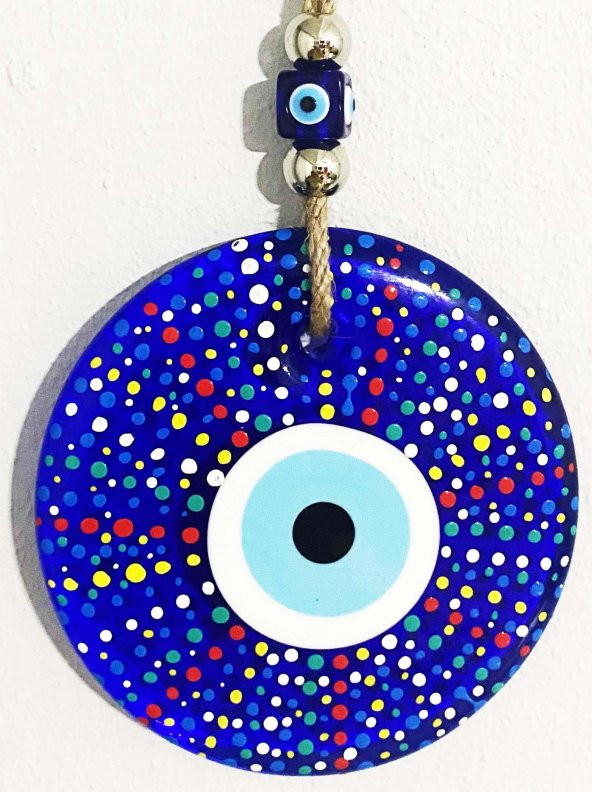 Mavi Cam Nazar Boncuklu Puantiyeli Model El Boyaması Duvar Süsü - Resim 2