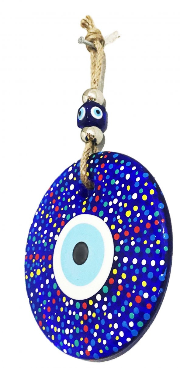 Mavi Cam Nazar Boncuklu Puantiyeli Model El Boyaması Duvar Süsü - Resim 3