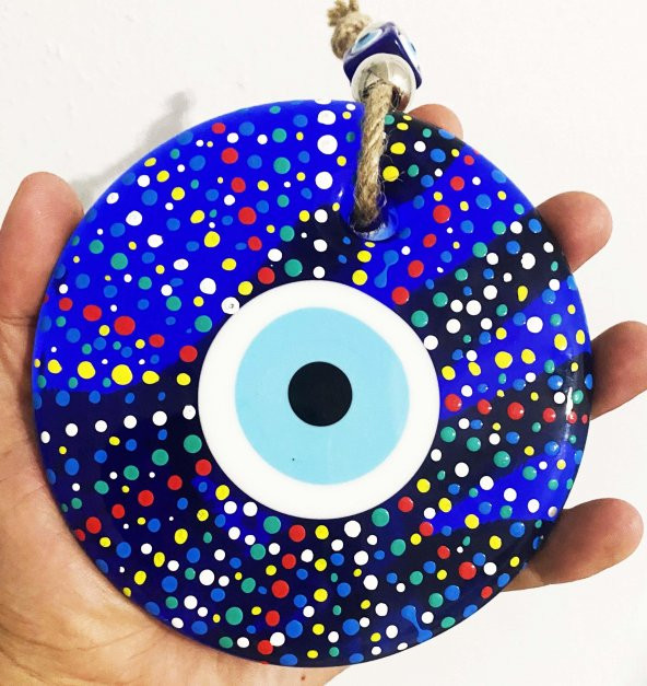 Mavi Cam Nazar Boncuklu Puantiyeli Model El Boyaması Duvar Süsü - Resim 4