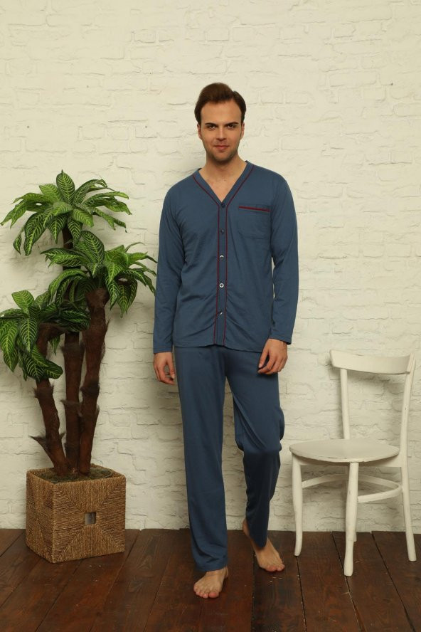 Erkek Uzun Kollu Önden Düğmeli Hastene Pijama Takımı 0429 - 1