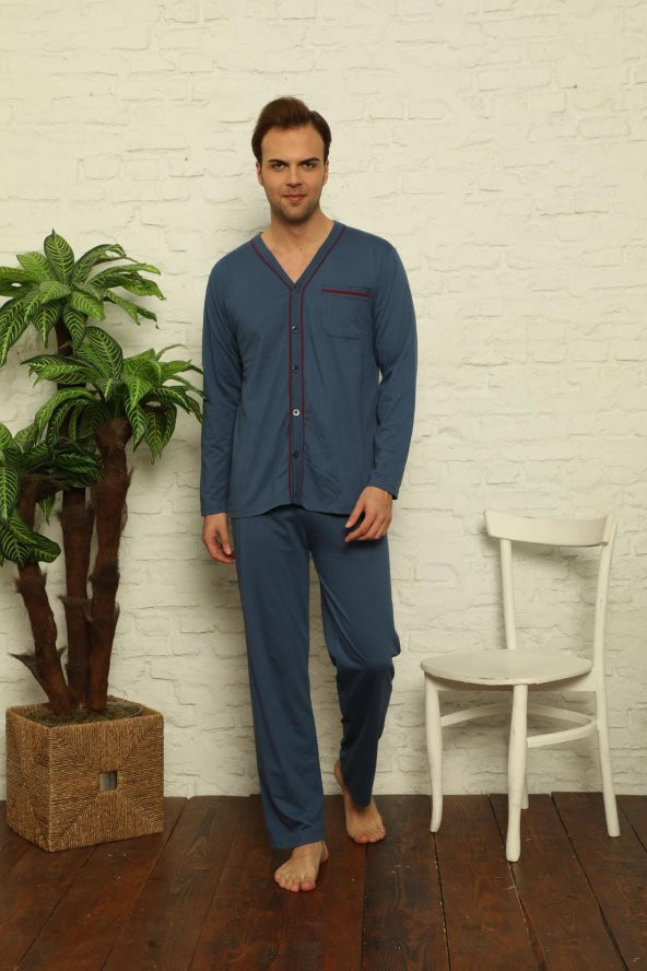 Erkek Uzun Kollu Önden Düğmeli Hastene Pijama Takımı 0429 - 2