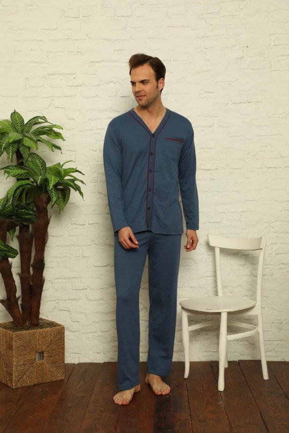 Erkek Uzun Kollu Önden Düğmeli Hastene Pijama Takımı 0429 - 3