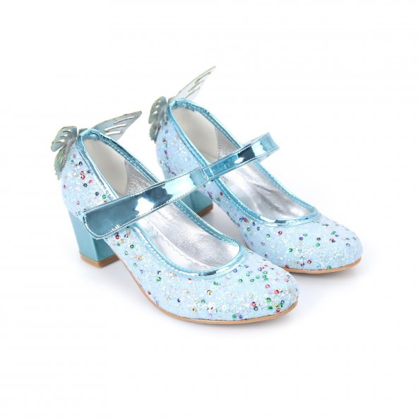 Mavi Karışık Pullu Kelebekli Topuklu Ayakkabı - Kız Çocuk Abiye Ayakkabı - Kız Çocuk Gösteri Ayakkabısı