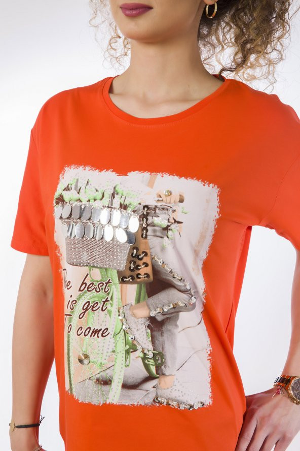 Lamia Donna Bisiklet Baskılı Mercan T-Shirt - 4