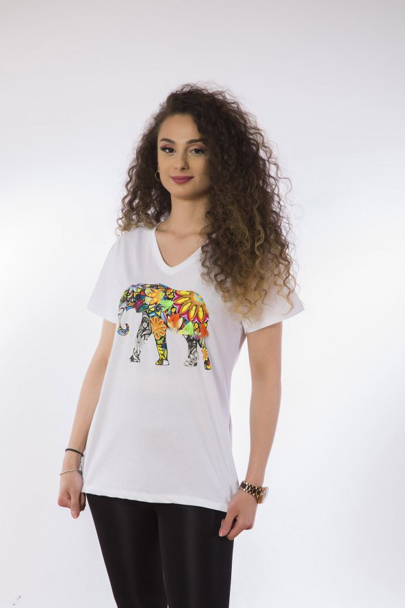 Lamia Donna Fil Baskılı Payet İşlemli Beyaz T-Shirt