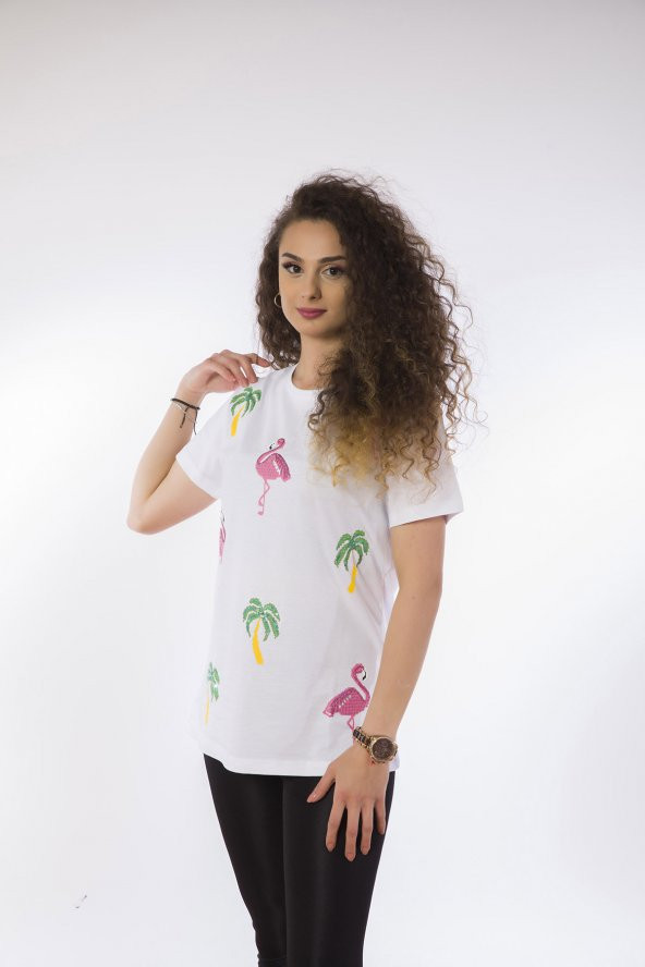 Lamia Donna Flamingo ve Palmiye Baskılı Beyaz T-Shirt